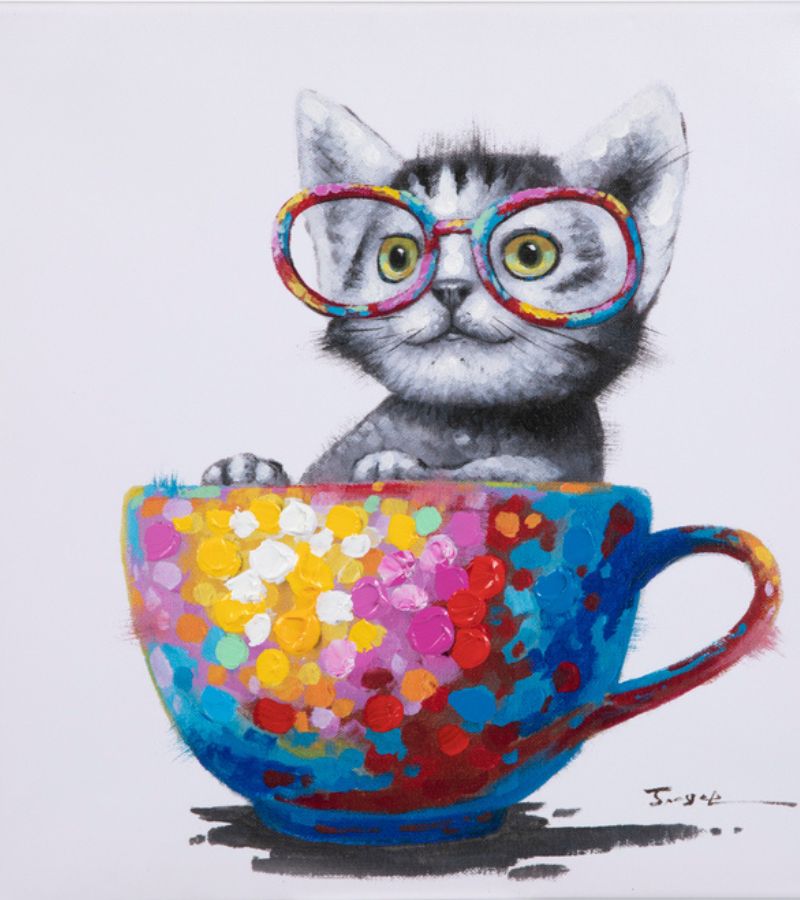 A whimsical painting of a cat with glasses sitting inside a cup